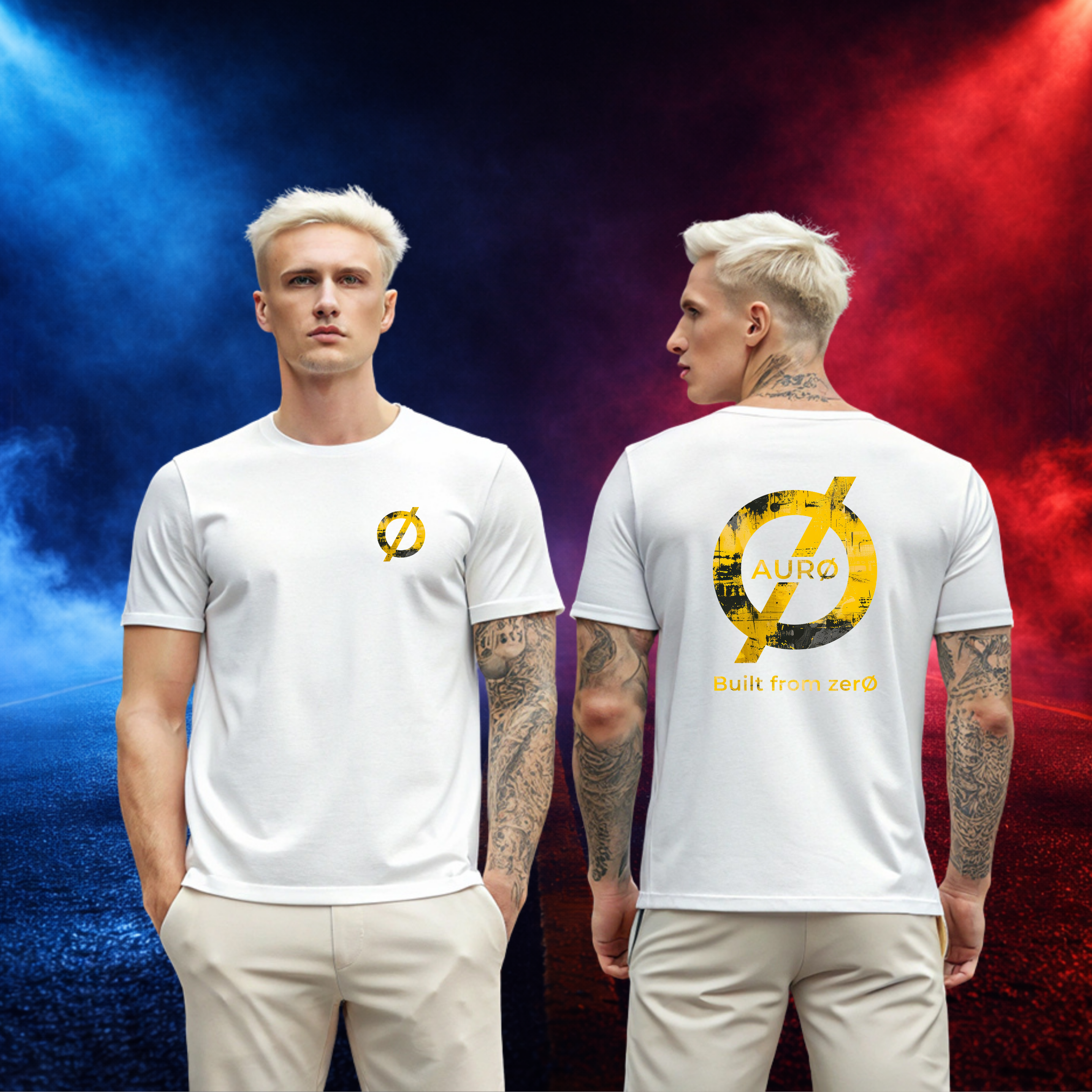 AurØ Streetwear Tshirt Wit Yellow Built from zerØ (Logo borst en rug)