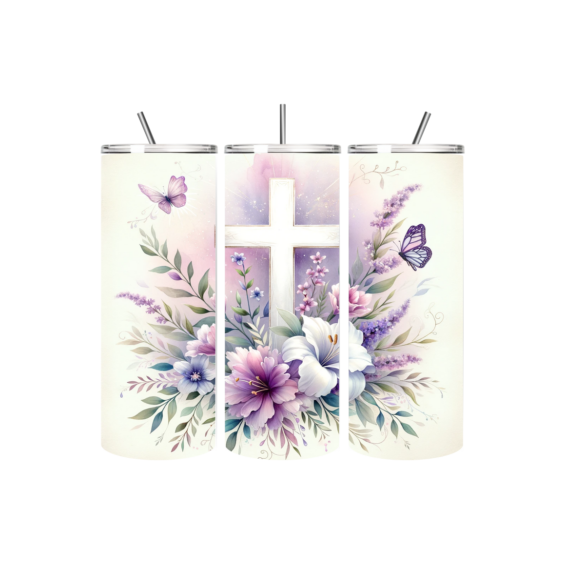 Faith Tumbler Kruis met paarse bloemen