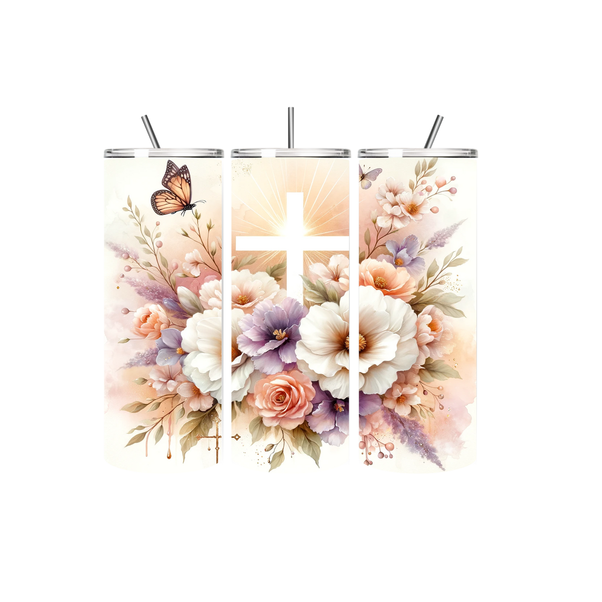 Faith Tumbler Kruis met bloemen en vlinder